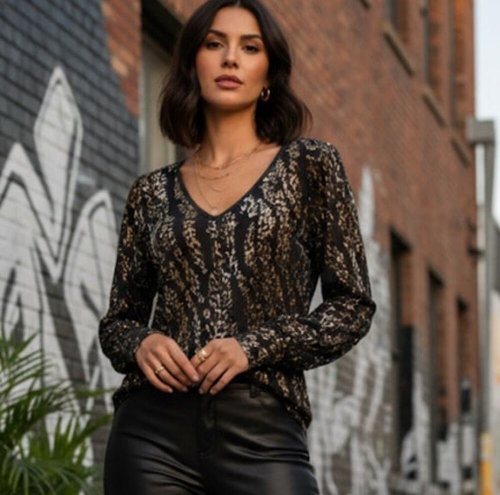 Vintage Karen Kane Leopard Print Semi-Sheer V-Neck Burnout Blouse